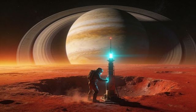Astronaut activating blue-green beacon on red planet crater with ringed gas giant looming