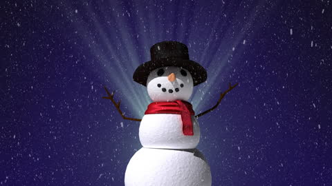 Charming Snowman with Falling Snow at Night