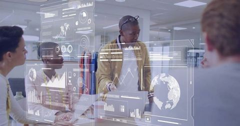 Business Leaders Discussing Futuristic Holographic Data Visualizations