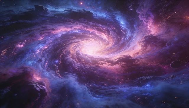 Spiral Galaxy Vortex Rotating Toward Luminous Core with Nebula Filaments and Cosmic Swirl