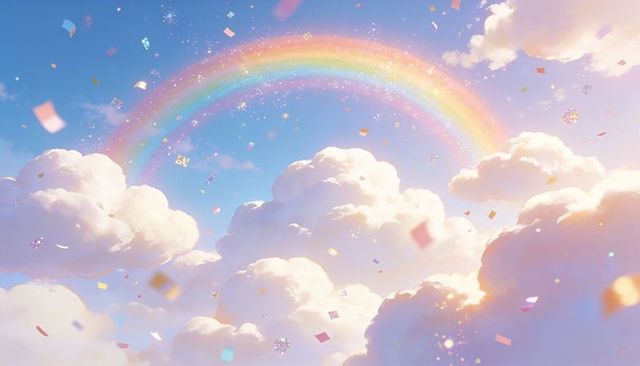 Pastel rainbow arch over sunlit cumulus clouds with sparkling confetti and soft glow