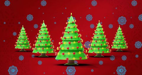 Festive Christmas Trees with Snowflakes on Red Background
