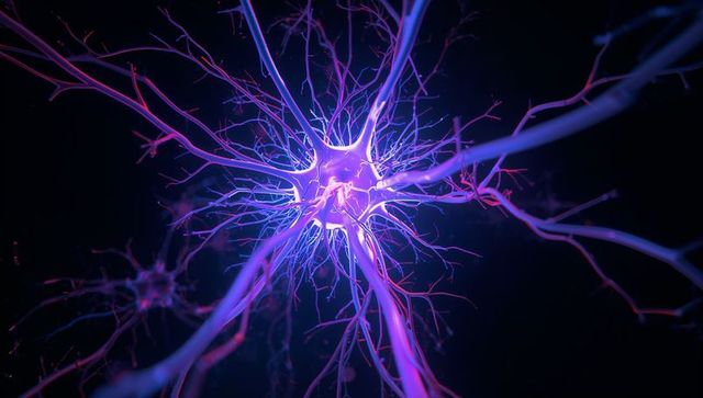 Glowing neuron network radiating neon dendrites and axon in microscopic 3d render