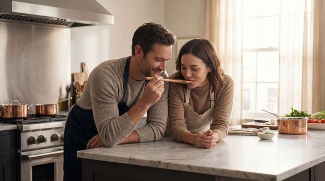 Couple tasting sauce on wooden spoon leaning on marble island in sunlit modern kitchen
