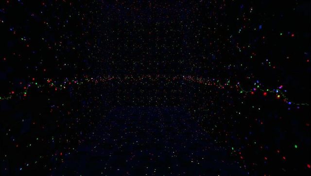 Immersive rgb light tunnel with floating multicolored points and reflective floor