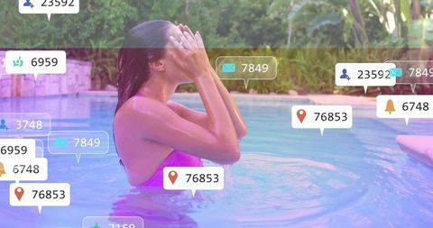 Woman rinsing face in backyard pool with social media notification overlays