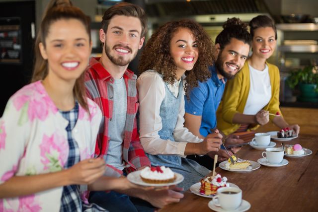 Group of friends sitting at a cafe table, enjoying various desserts and coffee. They are smiling and appear to be having a good time. This image can be used for promoting cafes, restaurants, social gatherings, or lifestyle blogs focused on food and friendship.