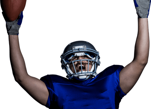 Transparent joyful football player celebrating victory in helmet