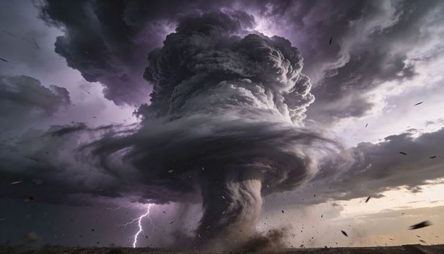 Massive rotating tornado funnel under towering supercell flashing lightning and debris