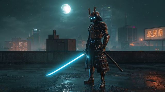 Futuristic Samurai with Glowing Neon Katana on Moonlit Rooftop