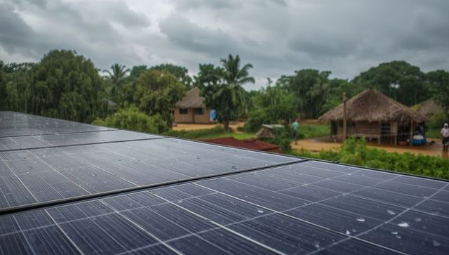 Solar panels collecting rain in tropical village with thatched huts and palm trees