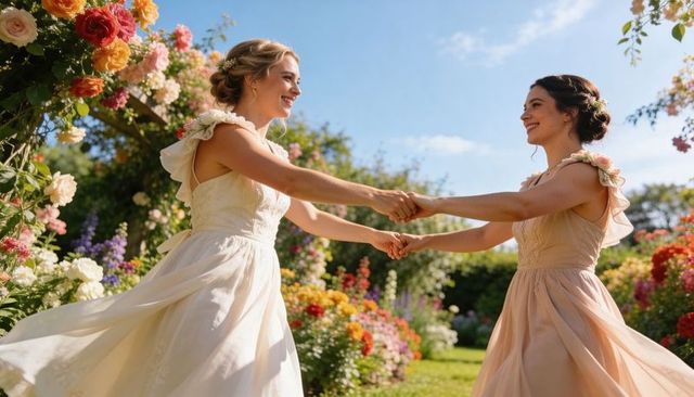 Sunlit garden brides spinning holding hands under flowered arch romantic bridal fashion