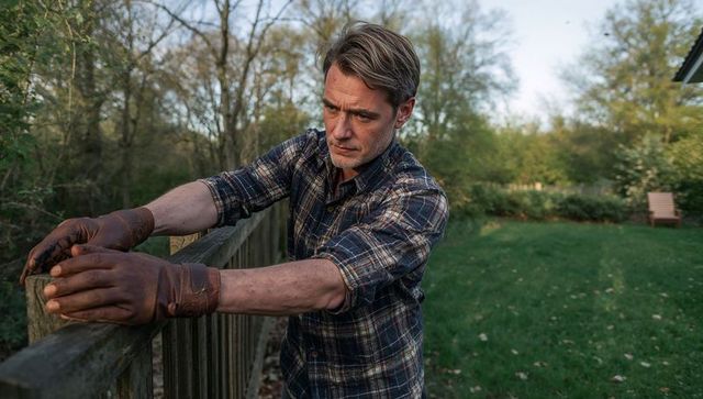 Handyman leaning on weathered wooden fence wearing plaid shirt and leather gloves