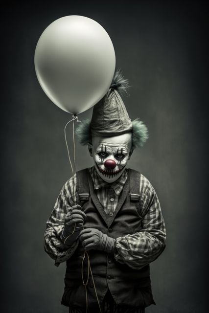 Creepy clown with painted face holding a white balloon in a dark, eerie setting. Ideal for use in Halloween decorations, themed party promotions, horror movie posters, and spooky event invitations.