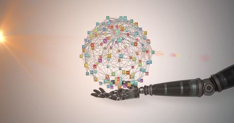 Robot Hand Holding Technological Globe of Media Icons