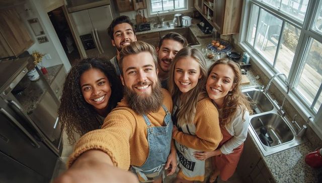 Friends taking selfie in cozy rustic modern kitchen smiling together