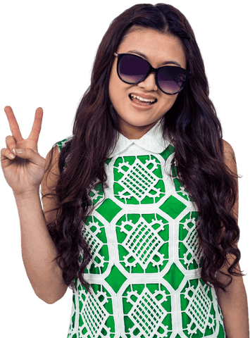 Smiling Woman with Sunglasses Showing Peace Sign on Transparent Background