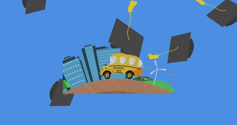 Graduation Caps & School Bus with City Background