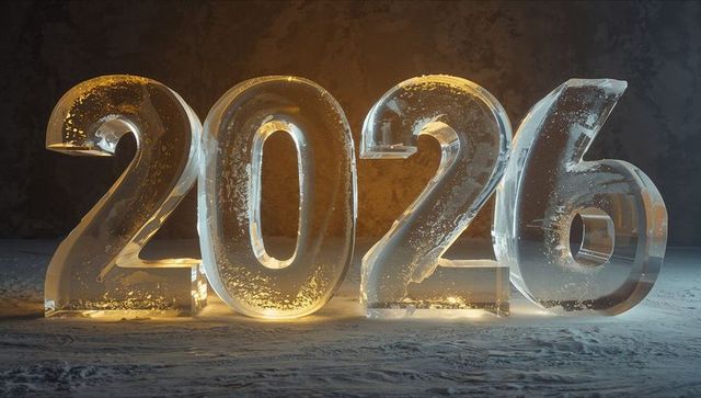 Glowing Ice Numerals 2026 with Warm Uplight, Frosted Texture, Puddles and Moody Backlight