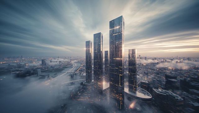 Futuristic skyscrapers rising above fog in urban skyline