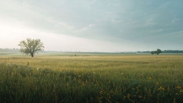 Solitary Tree Standing Over Golden Meadow at Dawn with Yellow Wildflowers and Expansive Sky