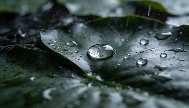 Macro raindrop resting on lotus leaf with falling rain, water beads and rich green texture