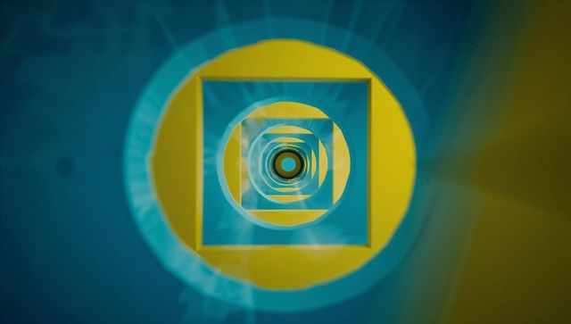 Abstract geometric tunnel with yellow rings and cyan frames