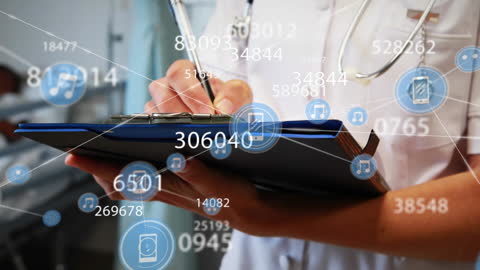 Female Doctor Analyzing Digital Data and Writing Notes