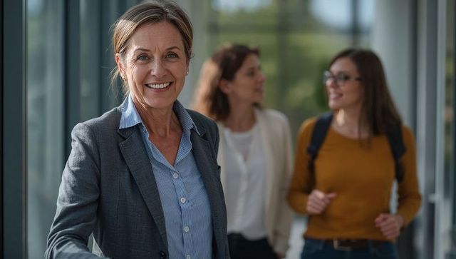 Smiling female manager greeting colleagues in modern glass corridor of office
