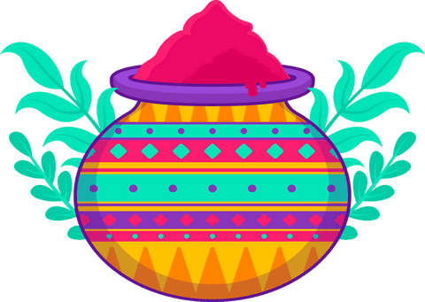 Festive pot with vibrant patterns and red holi powder on transparent background