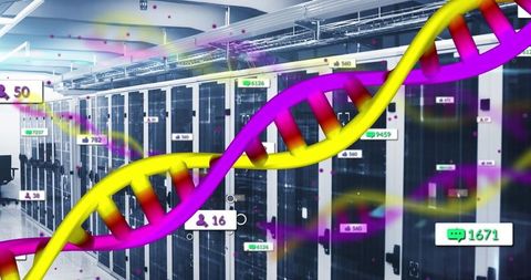 DNA Strand Overlays Server Room Representing Medical Data Processing