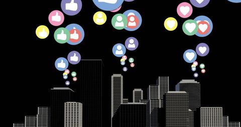Digital Social Media Icons Rising over City Skyline - Download Free Stock Images Pikwizard.com