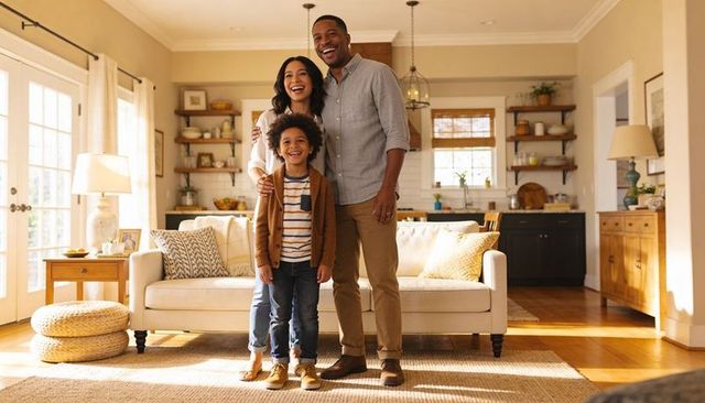 Smiling family enjoying sunlit living room with cozy modern decor and natural light warmth