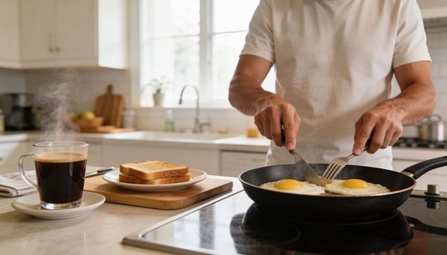 Man cooking sunny-side-up eggs on stovetop with coffee and toast in bright morning kitchen