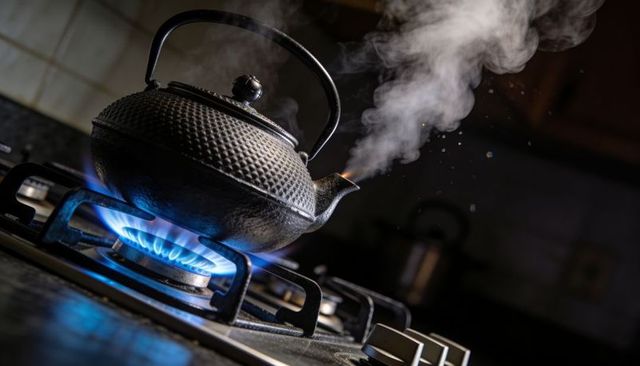 Steaming cast iron teapot on blue gas flame reflecting steam and metal texture kettle