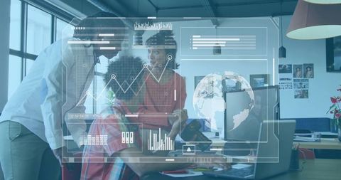 Business team collaborating with augmented reality data dashboards in modern office