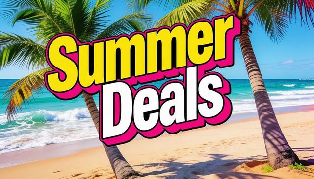 Vibrant tropical summer deals banner over palm beach for travel sales and promotions