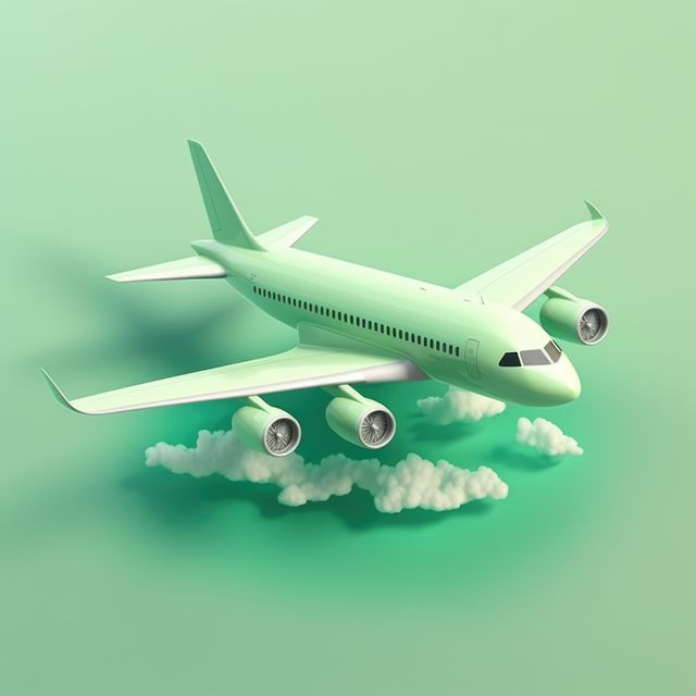 Passenger jet plane and clouds on green background, created using generative ai technology. Air travel, transport, exploration and vacations, digitally generated image.