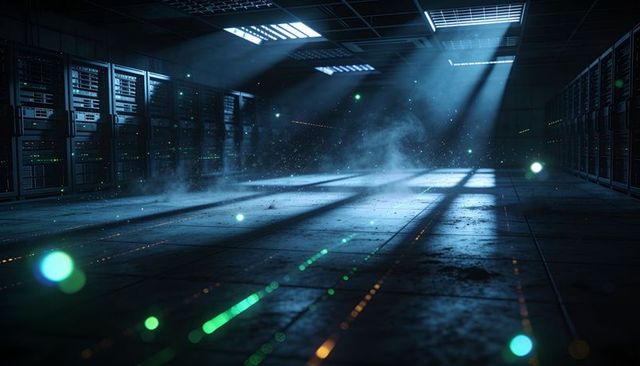 Glowing server corridor extending down futuristic datacenter aisle with neon beams, haze