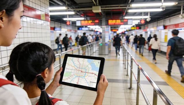 Parent and child navigating metro using tablet transit map in busy underground station