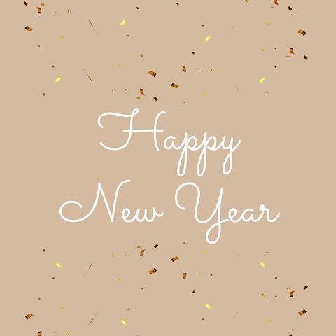 Festive new year greeting with golden confetti on beige
