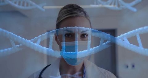 Female Doctor Wearing Mask Examining DNA Helix Overlay in Clinical Corridor