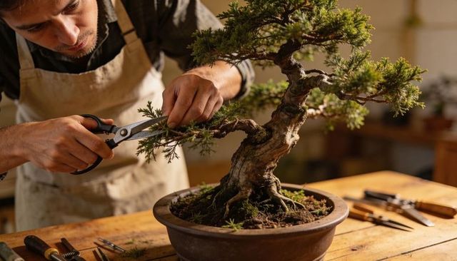Trimming bonsai tree with pruning shears on wooden workbench, shaping miniature evergreen