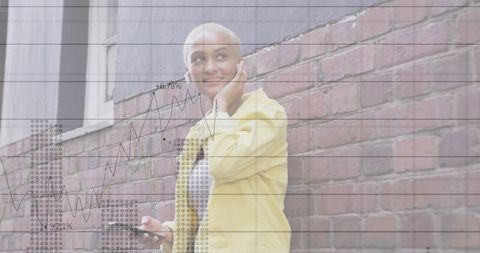 Urban smartphone alert with woman holding phone and data analytics overlay