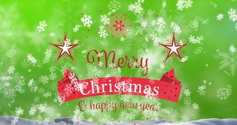 Festive Merry Christmas Greetings with Falling Snow and Red Ribbon