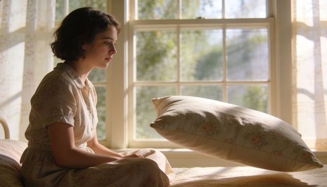 Young woman sitting on sunlit bed gazing through paned window with floral curtains