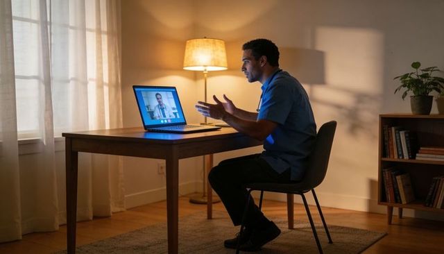Healthcare professional conducting evening telehealth consultation from home office desk