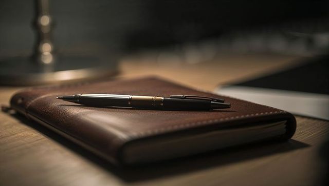 Brown Leather Notebook with Gold-Tone Retractable Pen on Wooden Desk, Moody Office Life