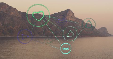 Social Media Icons Overlay on Mountainous Shoreline
