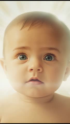 Baby Blinking and Tracking Offscreen in Vertical Backlit Studio Video with Soft Halo Flare